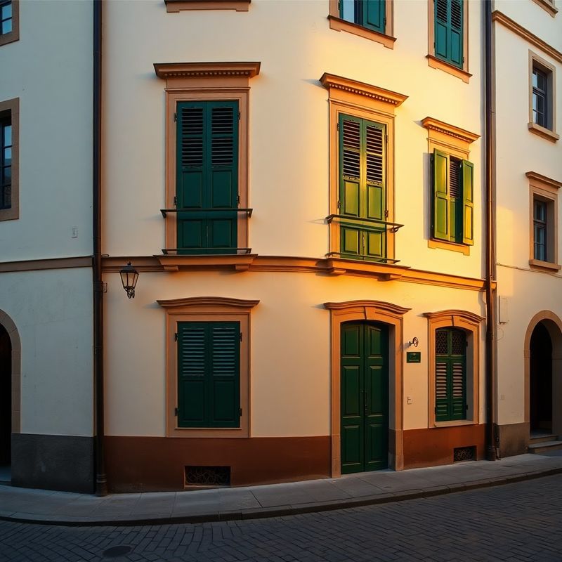 Fațada istorică a unei clădiri din Sibiu la răsărit, cu obloane verzi
