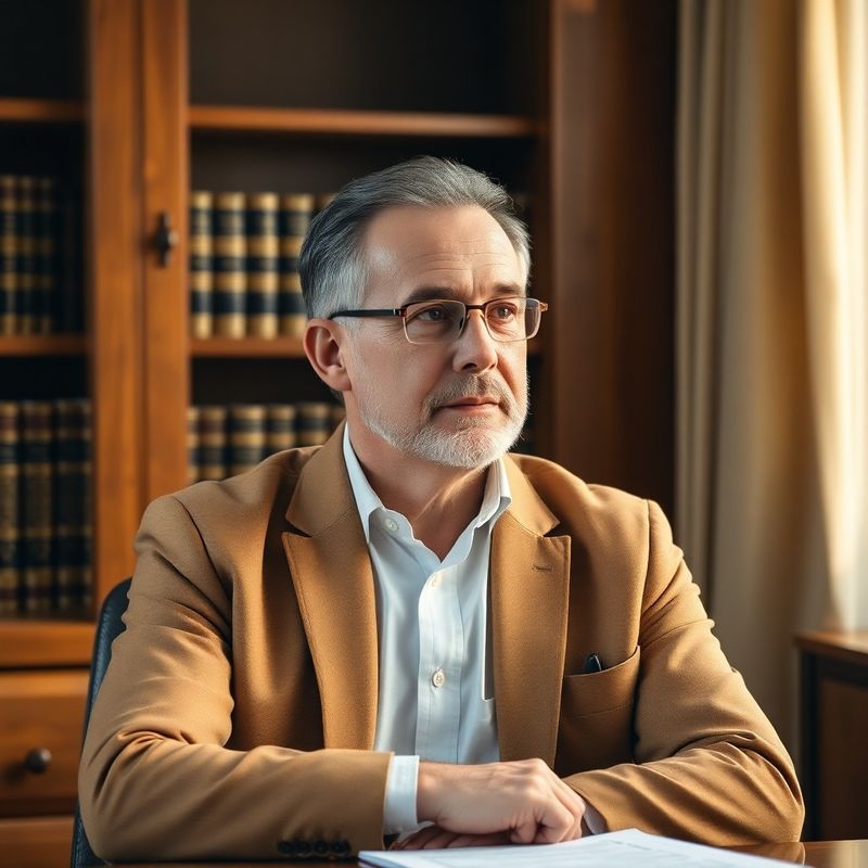 Consultant senior reflexiv la un birou din lemn cu volume juridice în spate